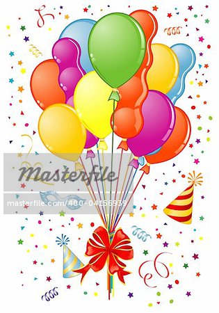 Party Time theme with Balloon, streamer, bow, carnival mask and hat, element for design, vector illustration