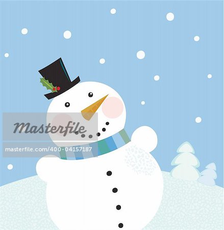Cute snowman in christmas snowy nature. Vector cartoon illustration.