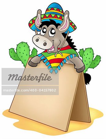 Mexican donkey with wooden table - color illustration.