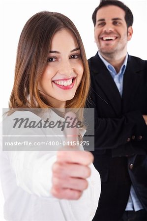 Successful business colleague women showing thumbsup on a white background