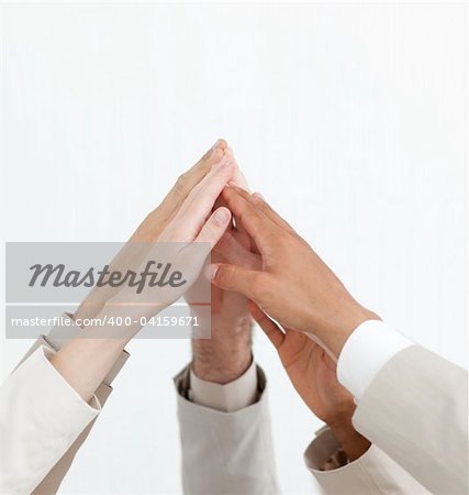 Close-up of hands up showing positivety isolated on a white background