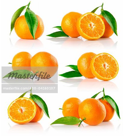 set of fresh mandarine fruits with cut and green leaves isolated on white background
