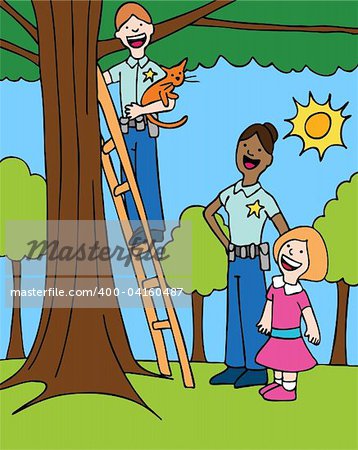 Officer rescues a cat from a tree for a little girl.