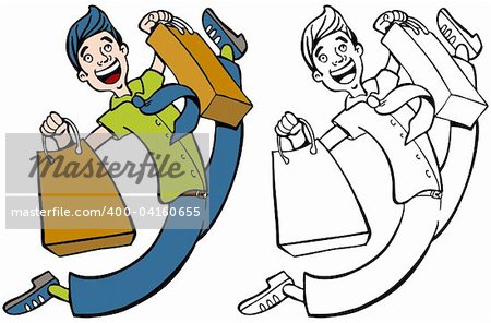 Cartoon image of a happy shopper - color and black/white versions.