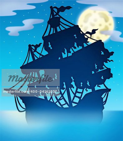 Mysterious ship silhouette at night - color illustration.