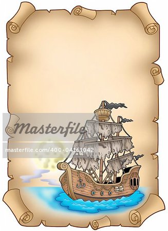 Old scroll with mysterious ship - color illustration.