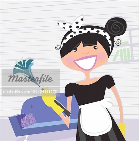 Cleaning house service or busy mom in household? Vector cartoon illustration.