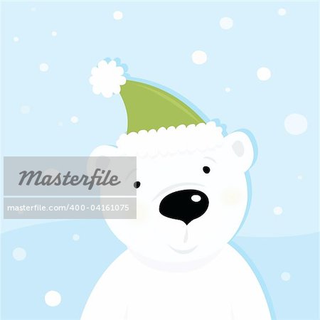 Cute polar bear character with snowy background. Vector cartoon illustration.