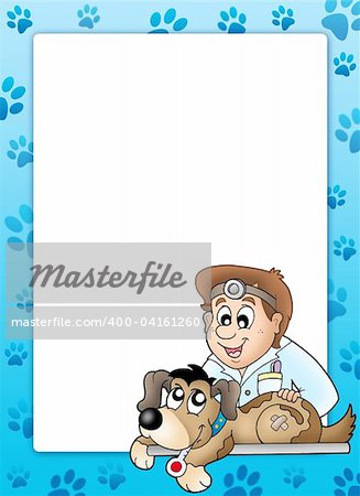 Frame with dog at veterinarian - color illustration.