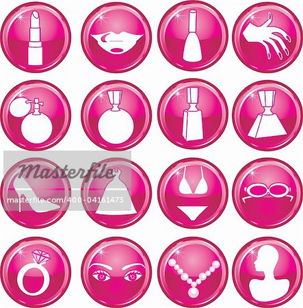 16 Vector Silhouette Icon Buttons for Beauty or Fashion. Also available as buttons and in color.