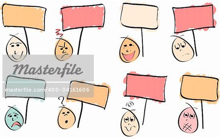 8 doodle vector faces with different expressions and sign boards. Vector Image