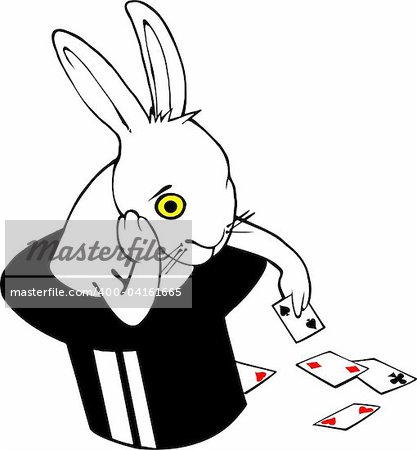 Bored white rabbit playing cards in magician hat. Hand drawn Vector image on China/Indian Ink Style (Nankeen)
