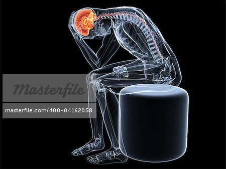 3d rendered x-ray illustration of sitting human skeleton with highlighted brain