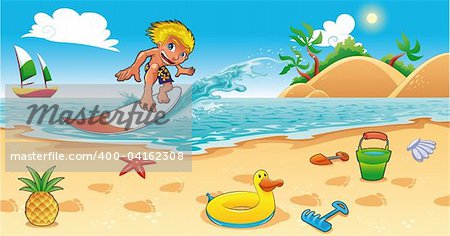 Surfing in the sea. Funny cartoon and vector illustration.