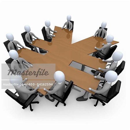 3d people having a meeting around a yen-shaped table.