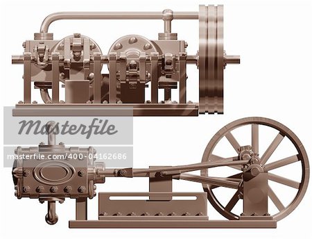 Original illustration of a steam engine front and side