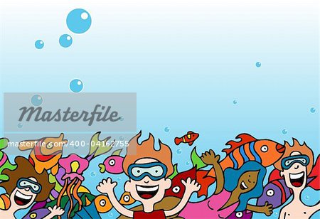 Cartoon drawing of people swimming with the fishes underwater.