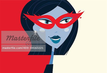 Mystic woman with provocative masquerade mask on face. Retro stylized illustration.