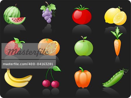 Fruit and Vegetables_black background icon set