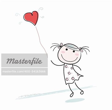 Beautiful girl character with red balloon isolated on white background. Vector Illustration.