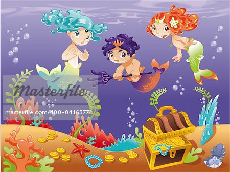 Baby Sirens and Baby Triton with background. Funny cartoon and vector illustration.