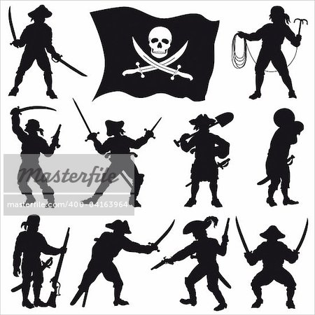 Silhouettes of pirates of members crew with jolly roger flag.