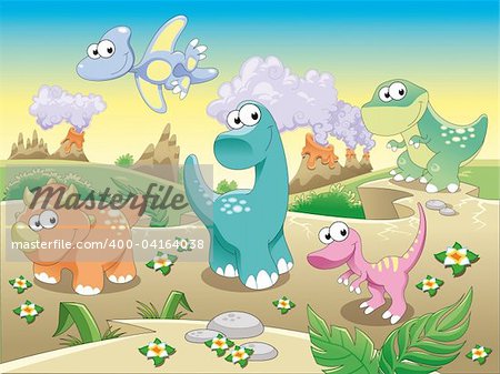 Dinosaurs Family with background. Funny cartoon and vector illustration.