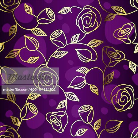 Hand drawn seamless design with golden roses. Tiles can be combined seamlessly. Graphics are grouped and in several layers for easy editing. The file can be scaled to any size.