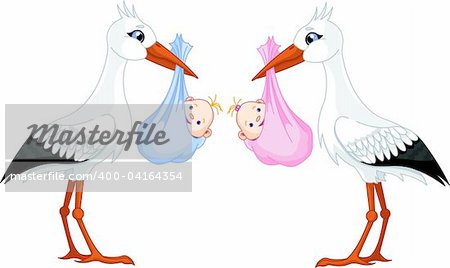 A cartoon vector illustration of two storks delivering a newborn babies