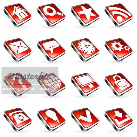 Set of 16 red web icons.