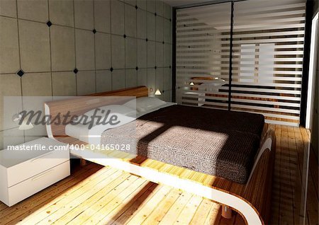 3d image of modern bedroom, with concrete wall, computer generated