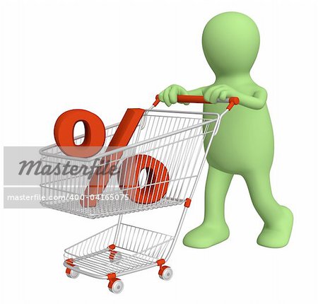 3d puppet with symbol of percentage in shopping cart