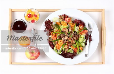 Vegetarian menu with big salad, yogurt with fresh fruits
