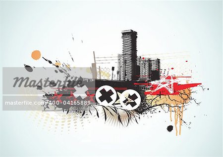 Vector illustration of urban background with grunge stained Design elements