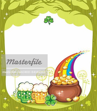 St. Patricks Day frame with trees, pot of gold, beer mugs, clover