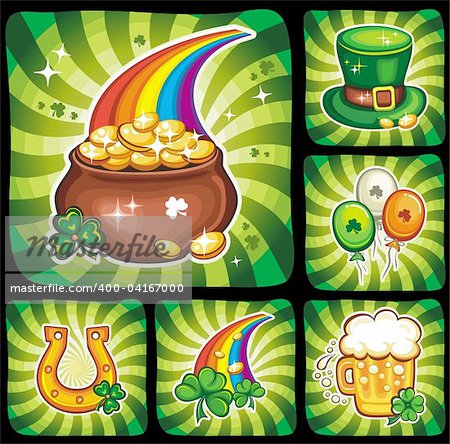 Set contains St. Patrick's Day symbols: beer, Leprechaun top hat, balloons, pot of gold, rainbow, green beer, horseshoe