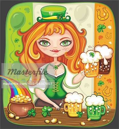 Cute girl bartender serving beer at Saint Patrick's Day party