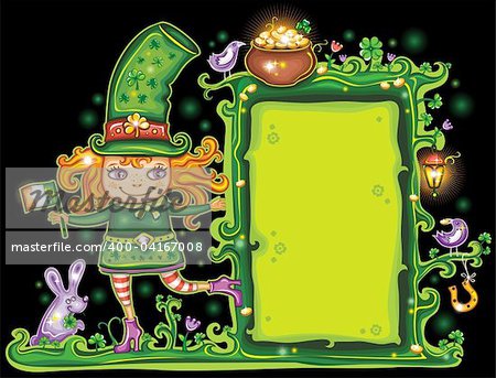 St. Patrick's Day frame with cute  Leprechaun,girl holding Irish flag with place for your text.