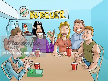 a group of teens eating a burgers and drinking beverages in the fast food