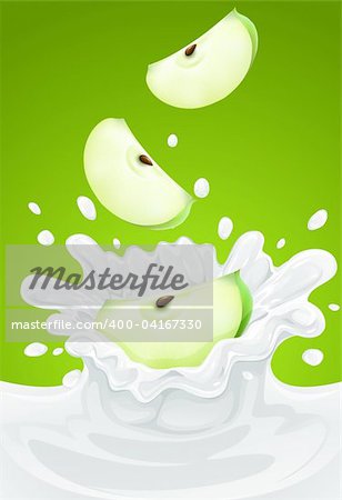 green apples falling into the milk with splash - vector illustration