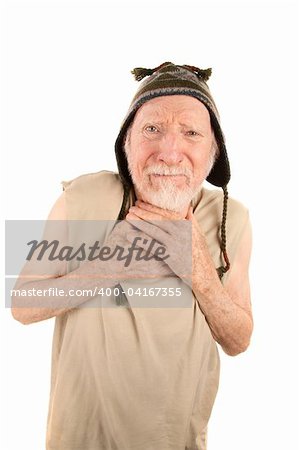 Ragged senior man in t-shirt and knit cap