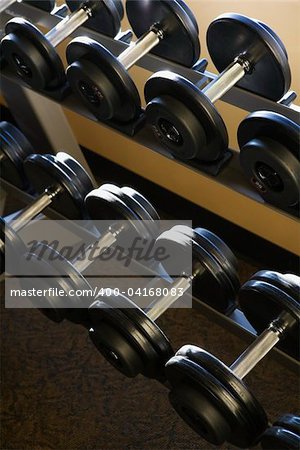 Two rows of dumbbells on a weight rack. Vertical shot.