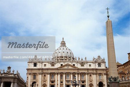 The east facade of St Peter's Basilica with the obelisk in the foreground. Horizontal shot.