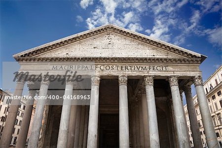 Low angle view of columns and front facade of the Pantheon. Horizontal shot.