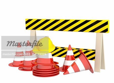3d bright road cones and hat - over white