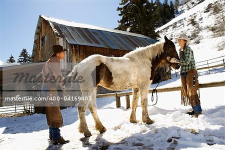 Man and woman grooming a horse on a snowy hillside in the country. Horizontal shot.