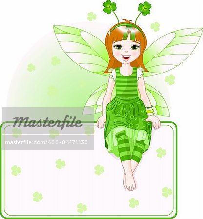 Little cute fairy sitting on place card for St. Patrick?s Day. All objects are separate groups