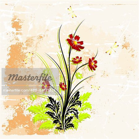 Abstract grunge painted background with flowers vector illustration