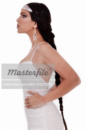 Side pose of Bride with long and lengthy platted hair in isolated white background