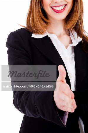 Business women welcome you with open hand on a white background